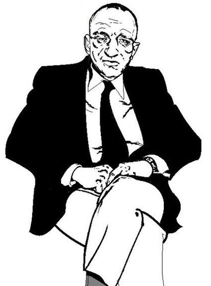 A black & white illustration of Roy Cohn sitting.