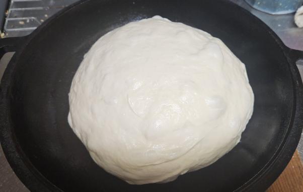a photo of a bubbly 860g dough balls sitting in a cast iron pan did its final rise before baking.