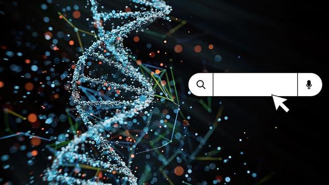 DNA strands with a search tool bar on dark background