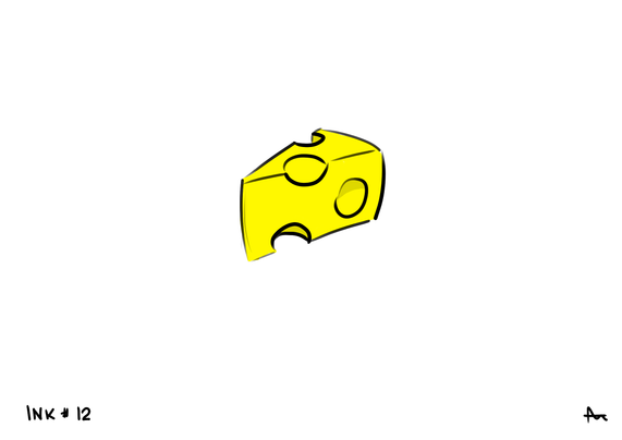 A yellow piece of cheese with holes, inked and colored.
