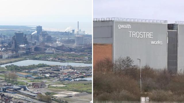 A split image of two Tata Steel sites in South Wales. On the left, the Port Talbot steelworks with its blast furnaces and industrial buildings. On the right, the Trostre tinplate plant in Llanelli, with factory buildings and surrounding infrastructure.