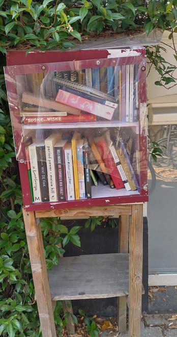 Een minibieb met twee planken vol boeken. De ruit ervoor mist een stuk onderin.