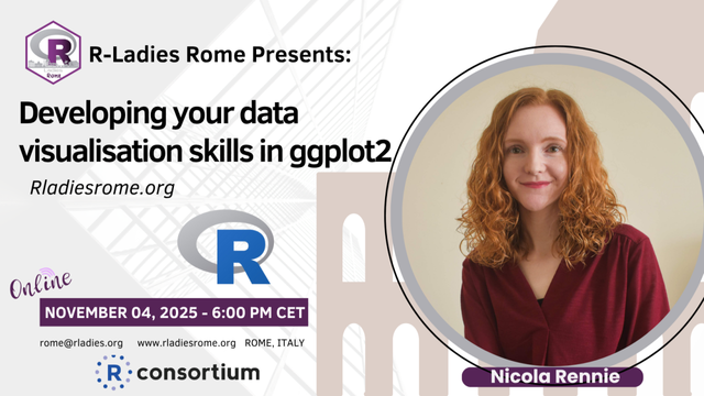 Event flyer showing date of event as November 4 at 6pm CET, and the title developing your data visualisation skills in ggplot2
