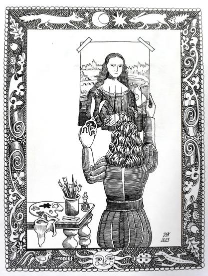 Wir sehen Leonardo da Vinci in Rückenansicht, der das Porträt einer grimmig dreinschauenden Mona Lisa mit der Schere in Streifen schneidet. Das Motiv erinnert an Banksys Aktion, bei der sein Bild „Girl with Balloon“ sich selbstzerstörend in Streifen schnitt.