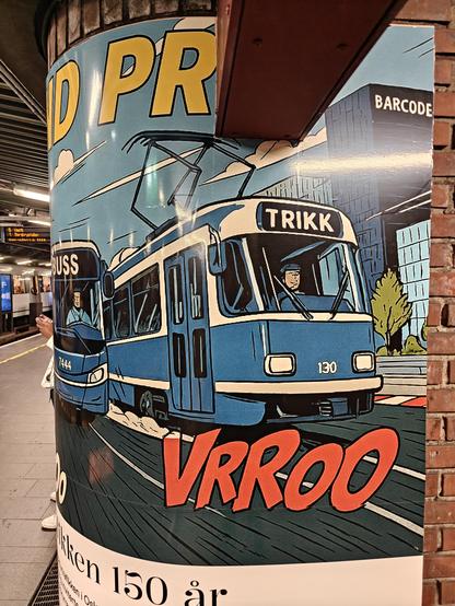 Bilde av siden av et reklameskilt fra Ruter på Tøyen T-banestasjon. Skiltet viser en blå buss og en blå trikk ved siden av hverandre. Hele motivet er i tegneserie-stil.

Det er flere artefakter i motivet som viser at det er KI-generert, blant annet
- støtfangeren på trikken er usymmetrisk
- noen av områdene er farget utenfor linjene
- normalt rette linjer på byggene bak er ujevne
- linjene i ansiktene til førerne virker tilfeldig kastet sammen