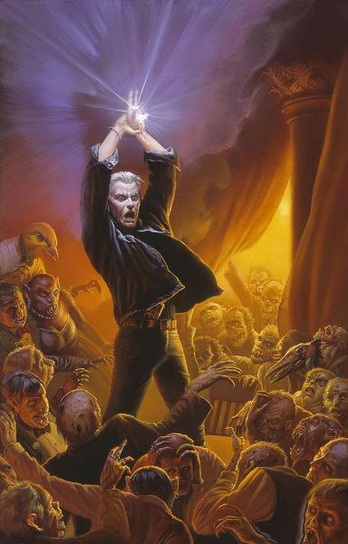 Father Callahan, a white haired man with a cross-shaped scar on his forehead, stands atop a table surrounded by vampires and low men. He thrusts his hands upward with a small turtle figurine glowing intensely bright. He is dressed all in black with a pistol tucked in his belt. Bathed in light, his face is etched with determination as his eyes draw to beads. The hideous creatures immediately surrounding him draw back in pain, grasping at their heads in agony with his shouted command. The room behind is lit yellow and orange where a curtain is drawn back and more creatures pile. Above, the light of the turtle radiates in defined white lines that shift the background purple.
