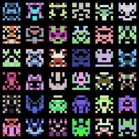 a 6x6 grid of multicolored 8x8 pixel aliens a la space invaders