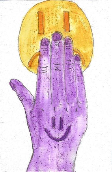 Une main violette avec un smiley souriant dessus qui cache un smiley triste (derrière la main)