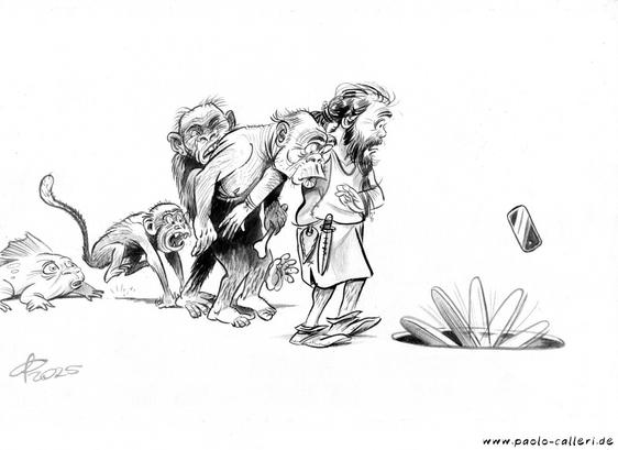 Karikatur. Ein Steinzeitmensch und verschiedene Vorstufen der menschlichen Spezies stehen erschrocken vor einem Loch. Soeben ist jemand hinabgefallen. Ein Smartphone schwebt an dieser Stelle noch in der Luft.