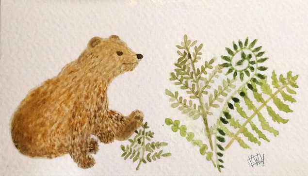 Watercolor of a happy brown bear sitting and thinking while looking at ferns.