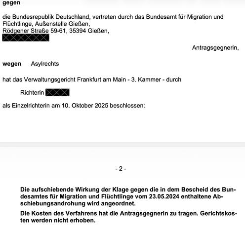 Ausschnitt aus dem Rubrum eines Gerichtsbeschlusses, mit dem die aufschiebende Wirkung einer Klage gegen einen BAMF-Bescheid angeordnet wird