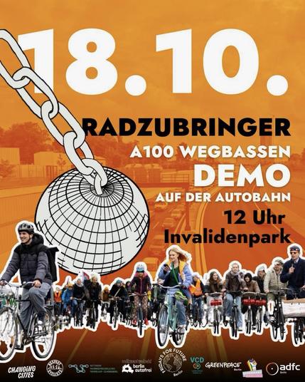 Sharepic von Fridays for Future und dem Bündnis A100 Wegbassen für einen Radzubringer zu einer Demo auf dem 16. Bauabschnitt der Autobahn A100 in Berlin.