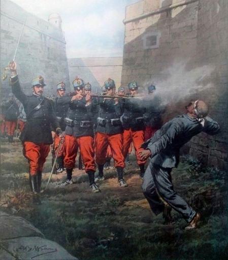 Newspaper illustration of Ferrer's death by firing squad. By Achille Beltrame - La Domenica del Corriere, 11(43), 24–31 October 1909, front cover.Cropped from eBay listing, Public Domain, https://commons.wikimedia.org/w/index.php?curid=98541043
