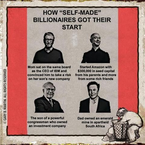 A graphic titled “How ‘Self-Made’ Billionaires Got Their Start” shows four portraits of famous billionaires. Each has a caption:

Bill Gates: “Mom sat on the same board as the CEO of IBM and convinced him to take a risk on her son’s new company.”

Jeff Bezos: “Started Amazon with $300,000 in seed capital from his parents and more from some rich friends.”

Warren Buffett: “The son of a powerful congressman who owned an investment company.”

Elon Musk: “Dad owned an emerald mine in apartheid South Africa.”

At the bottom right is a small illustration of a person dissing through a trash can, suggesting homelessness or poverty.