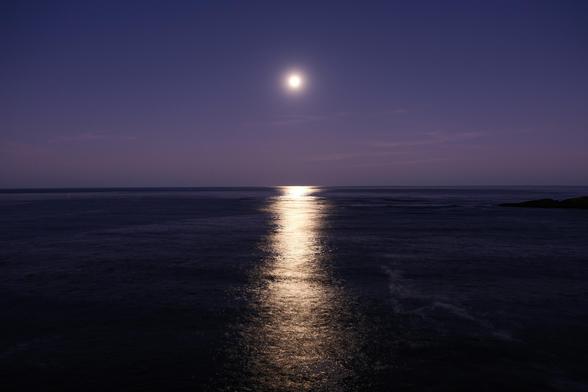 A photo of a full moon reflecting off of the pacific ocean. it is shortly before sunrise and the sky is a purple-blue color.