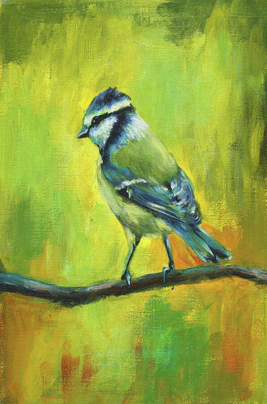 Blue tit bird portrait is an acrylic painting in portrait format by artist Karen Kaspar. It shows a cute Blue Tit bird standing on a branch of a tree and looking to the left side. The background is abstract in shades of yellow, green and brown.