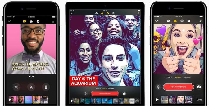 Drei Ansichten von Apples Clips-App auf dem iPhone und iPad.