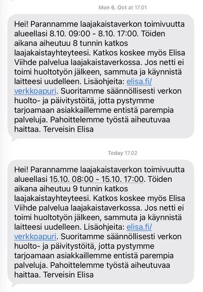 Elisa ilmoittaa kahdesta koko työpäivän kestävästä katkoksesta lajaakaistayhteyteen viikon välein(!)