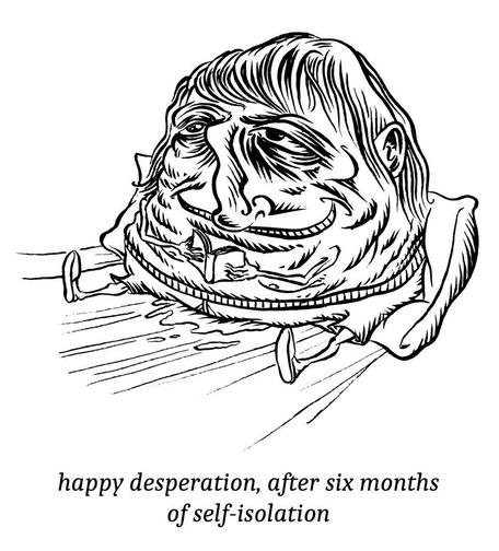 A grotesque human belly stays in bed reading and pissing his pants