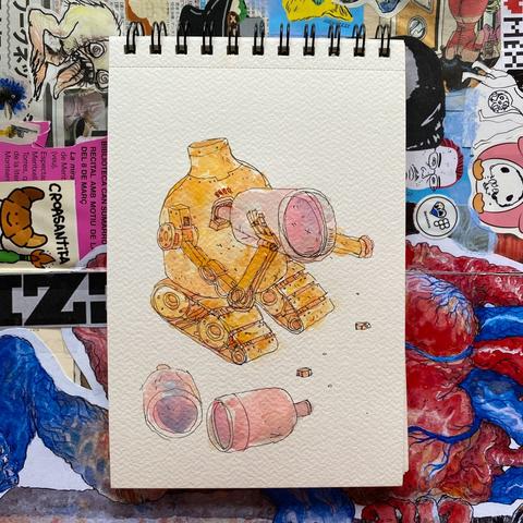 Ilustracion en acuarela en color amarillo de un robot con forma de botella, llantas de tanque bebiendo una botella, rodeado de botellas vacías.