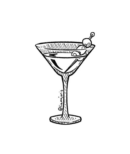 A digital ink drawing of a vodka martini with three olives.