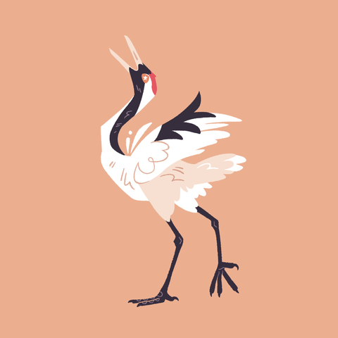 A painting of a red-crowned crane standing tall, mid-walk, wings slightly lifted and head thrown back with an open beak.