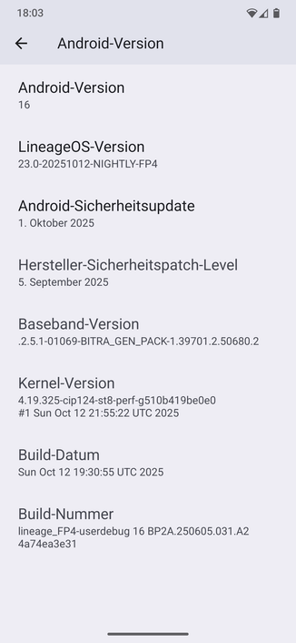 Screenshot der Android-Version, die LineageOS 23.0-20251012-NIGHTLY-FP4 und Android 16 anzeigt.
