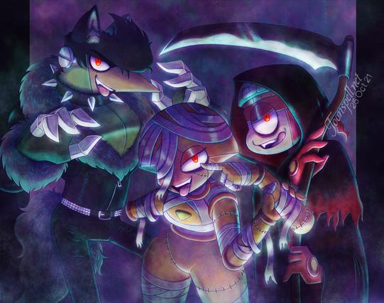 OK KO Halloween art. Boxbots in Halloween costumes. Darrell as the Grim Reaper, Shannon as a mummy, and Raymond as a werewolf.