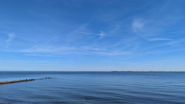 Blauer Himmel, blaue, ruhige Ostsee.
Am linken Bildrand ragt eine Stein-Mole ins Meer, auf der am Ende einige Kormorane rasten.