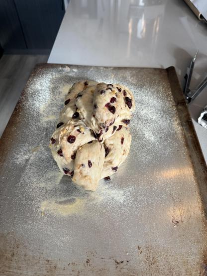 A loaf of cranberry walnut celebration bread. It’s two layers of braided dough. The layer is kind tilted off to the side.