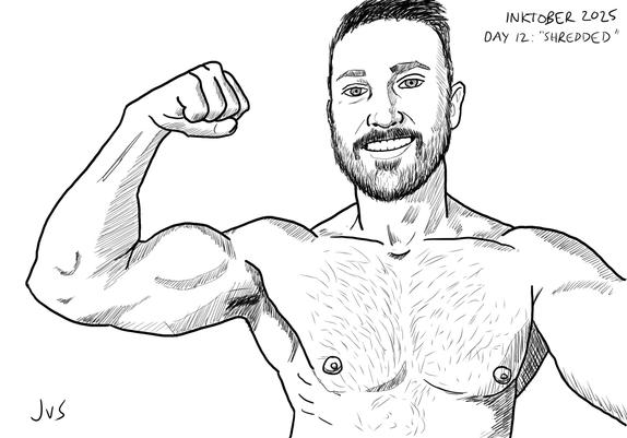 A digital ink drawing of a muscular, bearded, hairy-chested shirtless man flexing his right bicep with a sweet smile.
