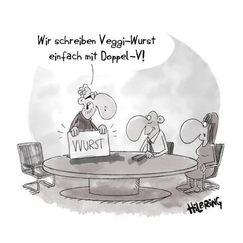 Zwei Leute sitzen an einem Konferenztisch, eine dritte Person hält ein Plakat in der Hand auf dem "VVURST" steht. Sie sagt "Wir schreiben Veggi-Wurst einfach mit Doppel-V!"