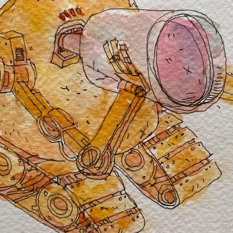 Detalle de la ilustracion, robot con color amarillo con el brazo del robot bebiendo de la botella de color rojizo rosa
