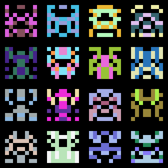 a 4x4 grid of multicolored 8x8 pixel aliens a la space invaders