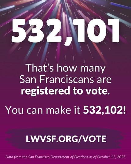 532,101. That's how many San Franciscans are registered to vote. You can make it 532,102! lwvsf.org/vote. Data from the SF Department of Elections as of October 12, 2025.