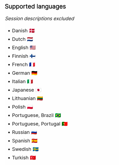 List of supported languages of the EventFahrplan app.