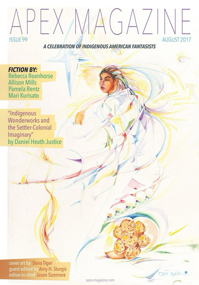 Pictured is the cover of Apex Magazine Issue 99, A Celebration of Indigenous American Fantasists, and the cover art is "The Fire" by Dana Tiger, depicting a powerful Indigenous American woman figure swirling in a sea of color (bright jewel tones against a white background), as if conjuring flame.