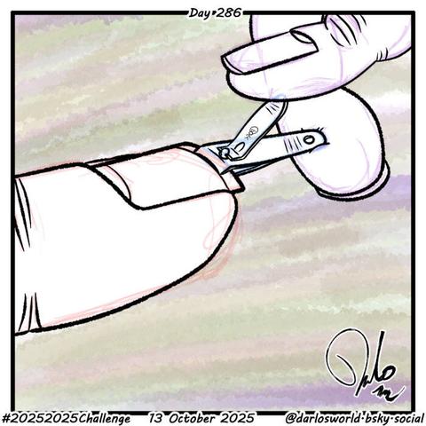 Drawing of a finger nail being cut by a tiny pair of nail clippers.