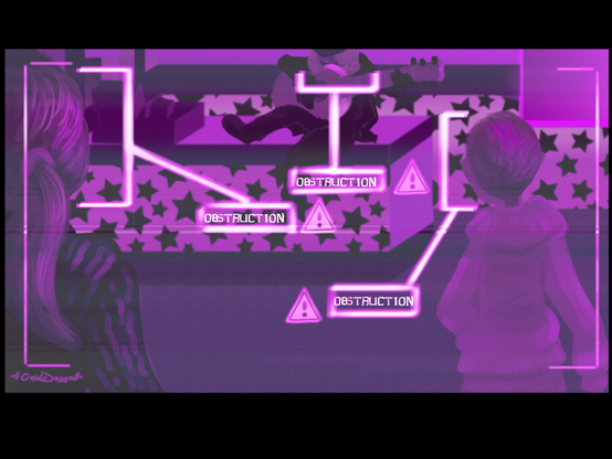 Digital art- A purple tinted interior of a BB's diner, Three people are walking, facing away from the viewer. One figure is sitting on a counter, next to a cash register, playing the guitar. There is a glowing purple overlay on the image, marking the humans as 'obstructions'.