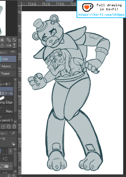 Work in Progress!

Sketch of a girl inside Glamrock Freddy [Like Gregory in the game] with a happy expression while Freddy it's super confused about the situation