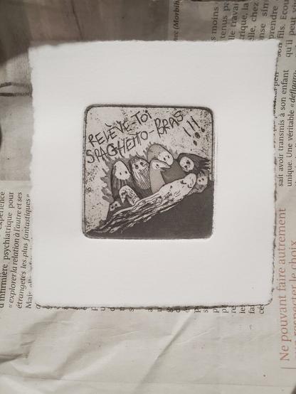 Gravure en noir et blanc de 4 centimètres de côté posée sur une feuille de journal. Huit personnages ressemblant à des marionnettes-chaussettes sont rassemblés autour de Spaghetto-Bras, un poulpe étalé au sol les yeux clos. Tout le monde a l'air un peu flippé. Sauf le mort.
Une chaussette hurle " RELÈVE-TOI SPAGHETTO-BRAS !!! "