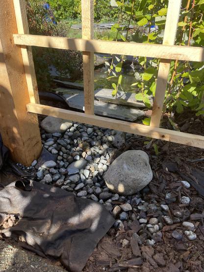 Looking down under the arbour gate, you can see the finished rock outlet of the pond has been cleaned and reset with rocks underneath the newly built harbour in the gate