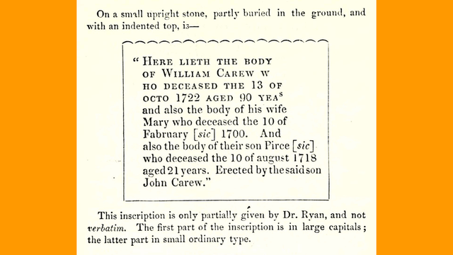 Transcript of a gravestone inscription with related commentary.