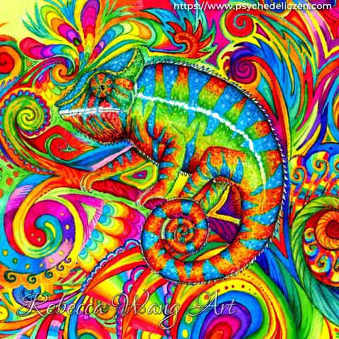 A colorful drawing of a panther chameleon in bright rainbow colors, surrounded by spirals and abstract stylized foliage.