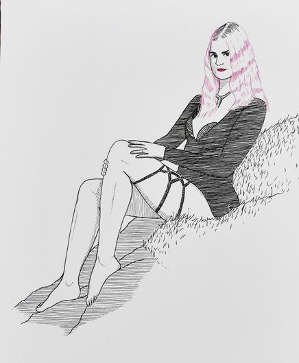 An elegant female model with pink hair poses on a rock.