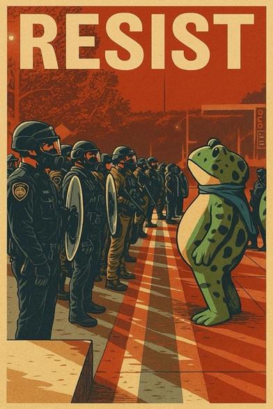 Caped crusader the Portland Frogs standing up to ice thugs. 

Do you know the artist?