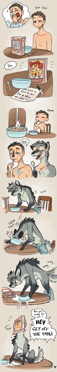 [A furry transformation comic with eight panels]

A guy yawns and sits sleepily at a table with a box of cereal, a spoon, and an empty bowl. There is a maze on the back of the box.

The front of the cereal box reads "DoggO" and features a dog mascot. The guy says "hm" and reads a handwritten note in front of the bowl: "New brand I found for you. Eat up before our walk! ^v^"

He pours the cereal and some milk into the bowl and eats a spoonful of it. The pieces are shaped like bones and rings.

He says "mm!" and his hair starts growing fluffy and grey, his nose becomes a little snoutlike, and fur starts to appear on his body. He licks his lips when his face becomes a furry grey canine muzzle. His ears grow larger and a mane begins to form on the back of his neck. The rest of his body is now almost completely grey with fur.

He stands up, pushing his chair back and sleepily looking down into the cereal as a small fluffy tail pops out of his pants and a mane of thick dark grey fur makes its way down his spine. His face and ears are almost entirely canine.

As the rest of his body takes on the shape of a maned wolf, he plants his paws on the table, plunges his face into the bowl, and frantically laps up more cereal, knocking over the box and the chair.

Licking his lips again, he climbs up onto the table (which is now covered in milk and cereal) with his tall, goofy, maned-wolf body, discarding his pants and excitedly wagging his tail. He eyes up the pile of cereal that remains in