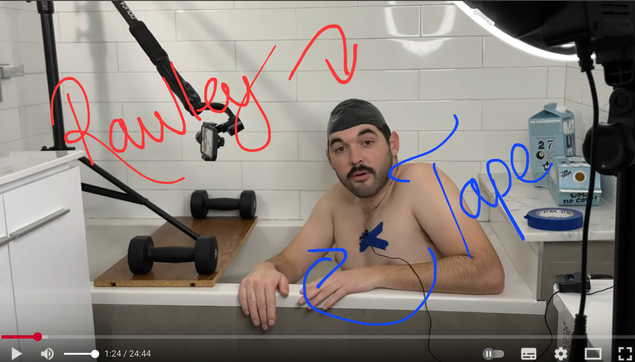 a partial screengrab of the YouTube video fast fashion is hot garbage by climate town's rollie 

In it, he is sat in a full bath tub surrounded by professional looking recording equipment, wearing nought but a swimming cap, a porn star tash, and the eponymous lavender mic stuck to his hairy boobage with deep blue tape.

A masterpiece of set design.