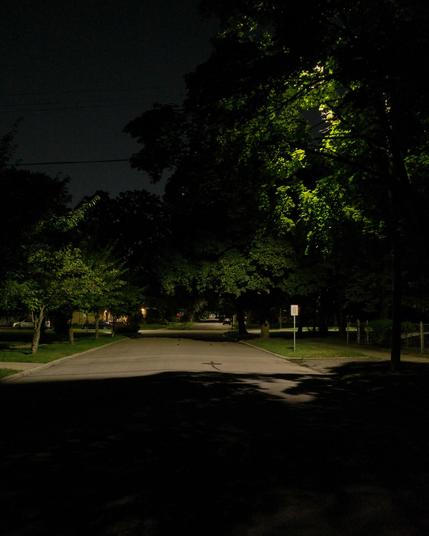 Color photograph looking down a residential street at night, silhouettes of trees in the dark all down the street with patches illuminated brightly by streetlights