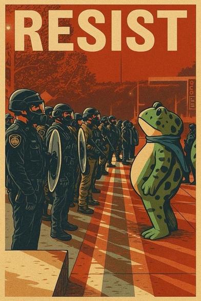 An illustration featuring a large, cartoon frog wearing a blue scarf, standing in front of a line of police officers in riot gear. The background has a reddish hue, and the word "RESIST" is prominently displayed at the top.